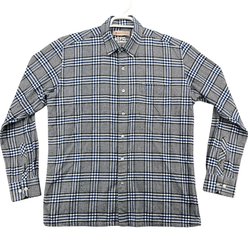 Montagut Mens Plaid Button Down Shirt Blue Black White Wool Cotton Blend 834618